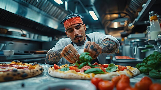 Foto el maestro chef tatuado que compone la pizza clásica