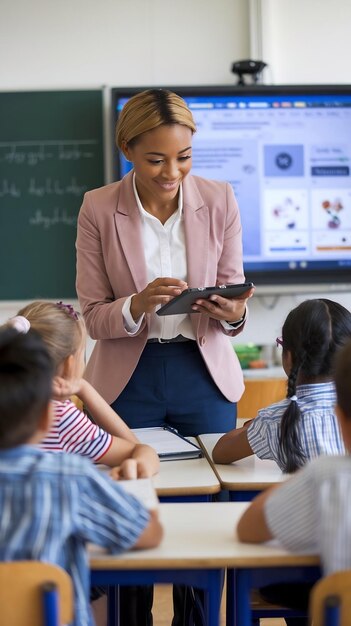 El maestro de clase de escuela primaria utiliza una pizarra digital interactiva para explicar la lección a diversos alumnos