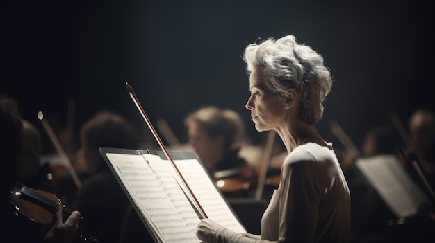 Foto maestro de orquestra mulher caucasiana madura liderando uma orquestra em um ensaio ou apresentação na sala de concertos generativa ai aig22