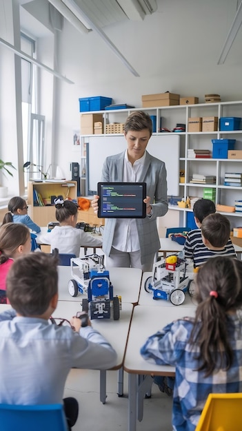 El maestro demuestra a los niños atentos a codificar robots en la clase de erudición del tallo