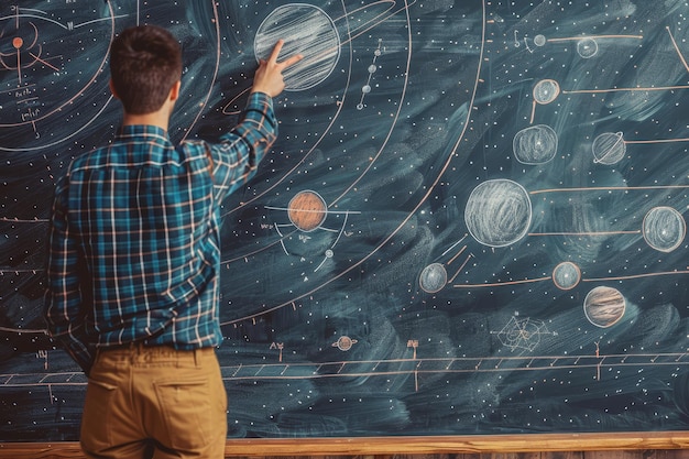 Un maestro escribiendo en una pizarra con planetas dibujados explicando conceptos de astronomía Un maestro de pie frente a una pizarra señalando un diagrama del sistema solar