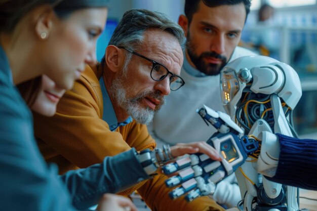 Foto el maestro escucha a los estudiantes inteligentes discutiendo el prototipo de la mano robótica