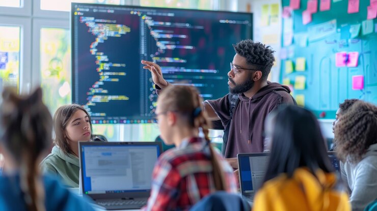 Foto un maestro está dando una lección de programación de computadoras a un grupo de estudiantes