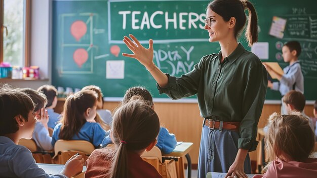 Un maestro está enseñando a una clase de estudiantes en una clase del día del maestro Ai generativo