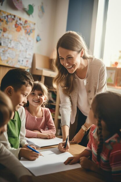 un maestro está enseñando a los niños a escribir