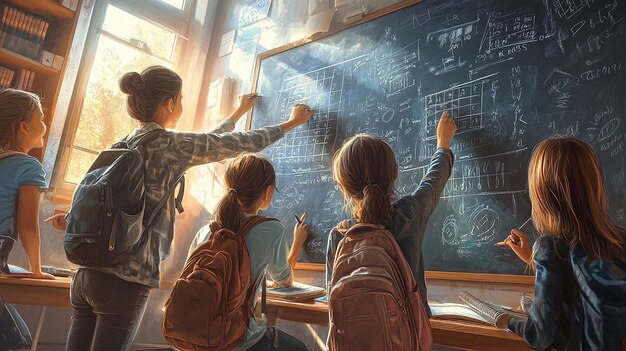 "Maestro y estudiantes colaboran para resolver un problema complejo"