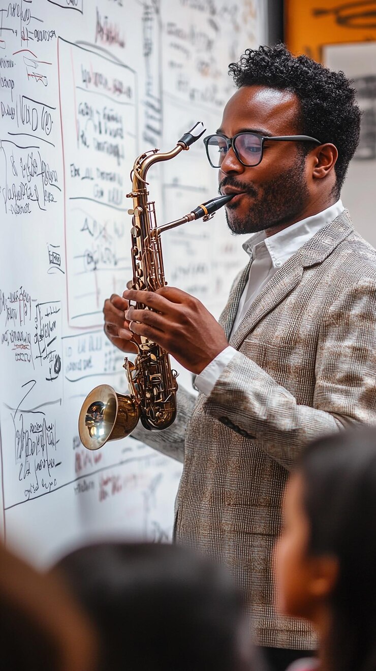 Foto "el maestro explica apasionadamente la historia del jazz"