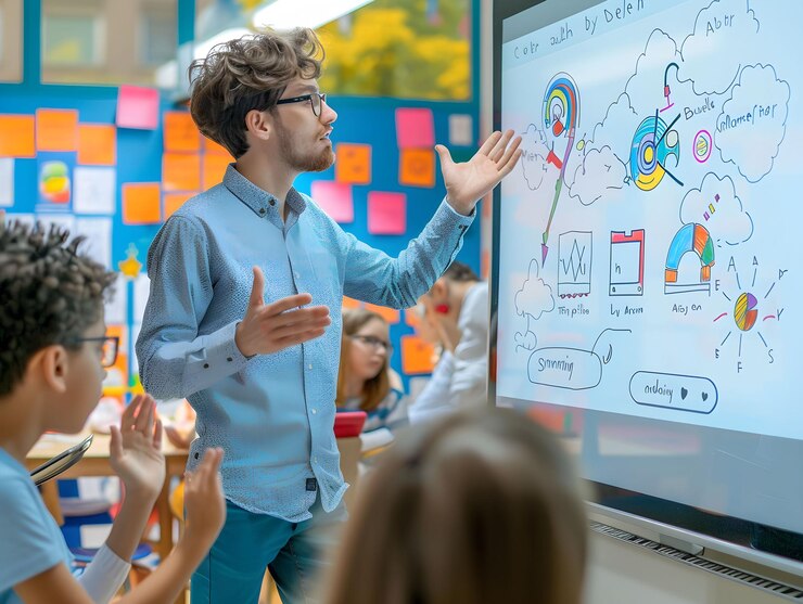 Foto el maestro explica una lección usando una pantalla interactiva en un aula colorida