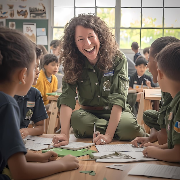 Un maestro feliz conversando con los niños en el aula