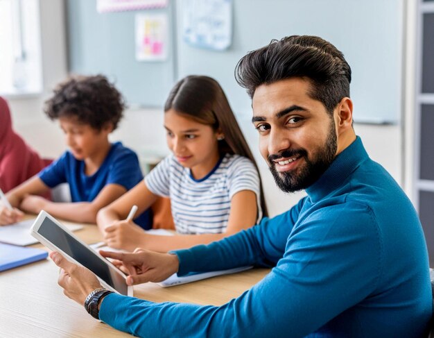 Un maestro con un grupo de niños y niñas trabajando en una tableta digital