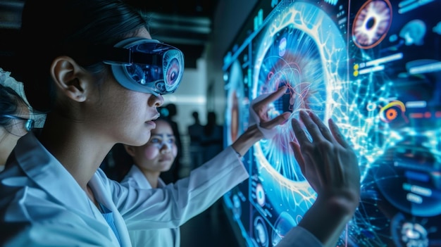 Foto un maestro guía a los estudiantes a través de una disección virtual de un ojo humano mejorada por la realidad aumentada