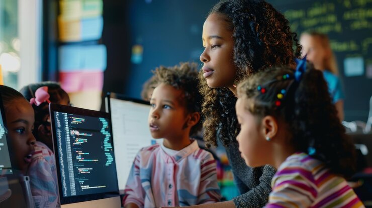 Foto un maestro guiando a un grupo diverso de jóvenes estudiantes en una computadora, cada uno de los cuales aprende a codificar, lo que representa una educación inclusiva y moderna.