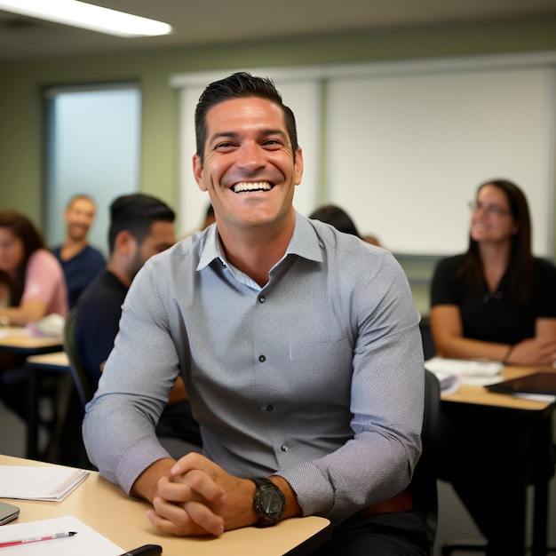 Foto un maestro hispano sonriendo en el aula con estudiantes diversos