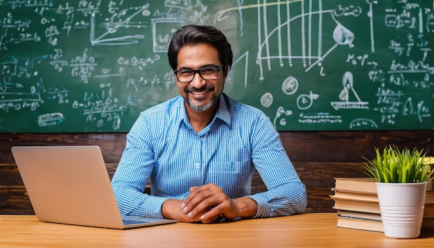 Foto el maestro indio sentado en el aula con una computadora portátil y sonriendo