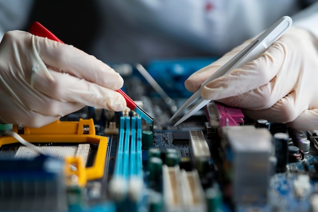 Maestro informático con guantes trabajando con pinzas en la placa de la CPU