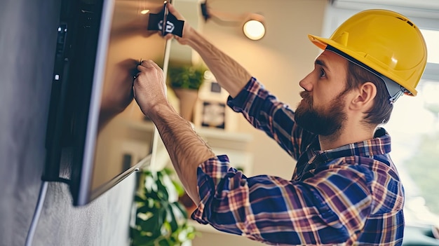 El maestro instala el televisor en la pared casco de plasma mecanismo claridad calidad HD constructor tecnología de diseño de interiores píxeles diagonales cine generado por IA