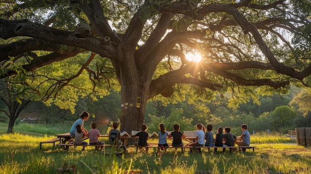 Un maestro instruye a un grupo diverso de niños al aire libre bajo un gran árbol durante un día soleado