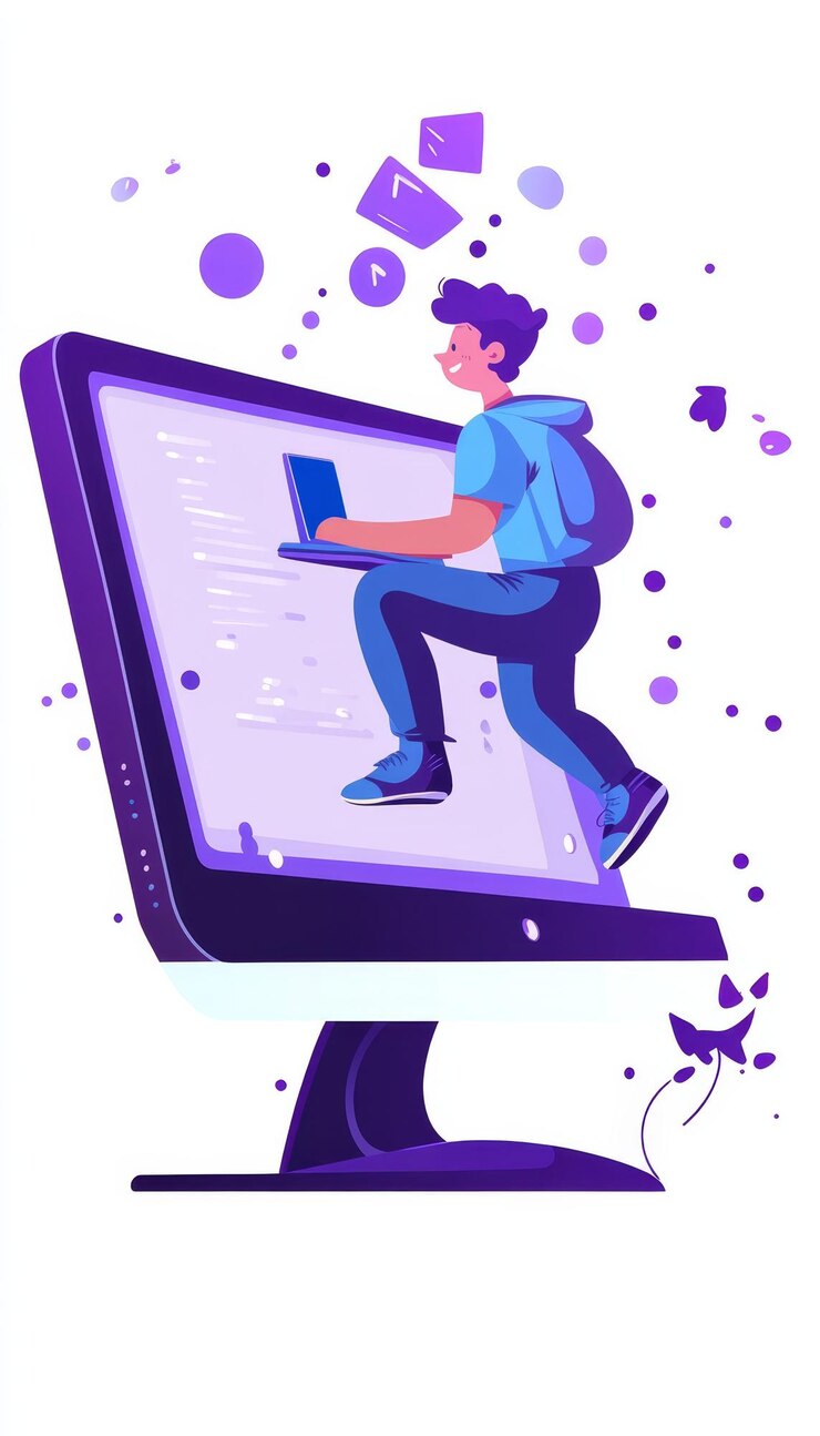 Foto un maestro inteligente emerge de la ilustración de la pantalla de la computadora