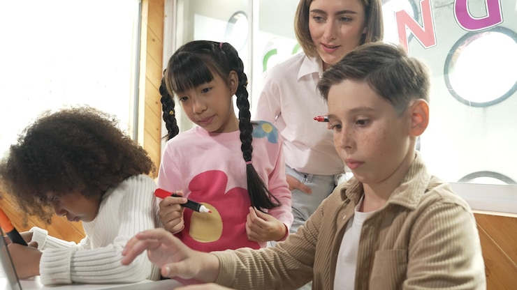 Foto maestro inteligente enseñando y estudiante de aspecto usando portátil en el aula erudición