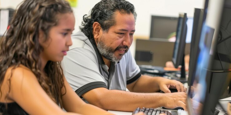 Foto un maestro latino ayudando a un estudiante con un proyecto de computadora