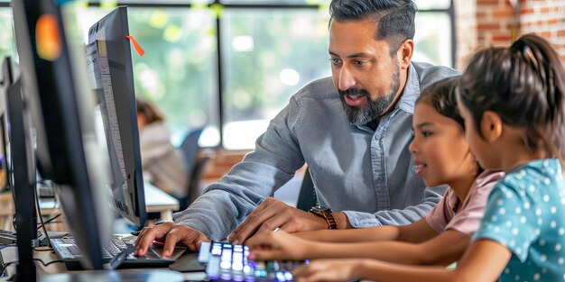 un maestro latino ayudando a un estudiante con un proyecto de computadora