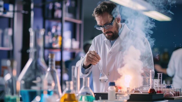 Foto un maestro llevando a cabo una demostración con reacciones químicas en el laboratorio