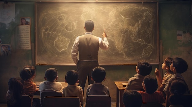 un maestro masculino asiático está de pie en la pizarra en el aula con los niños en la foto de la lección