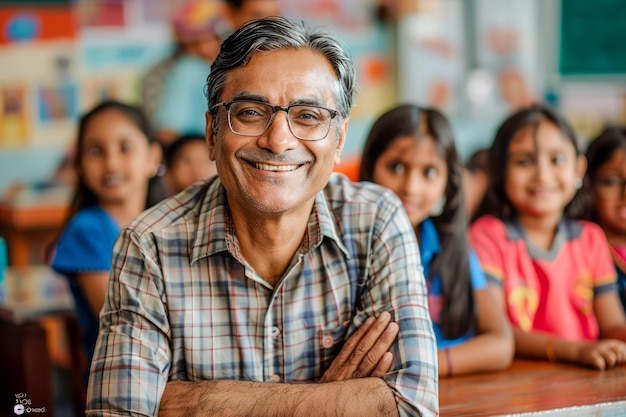 Un maestro mayor sonriente en la clase con niños felices y diversos en un ambiente educativo alegre