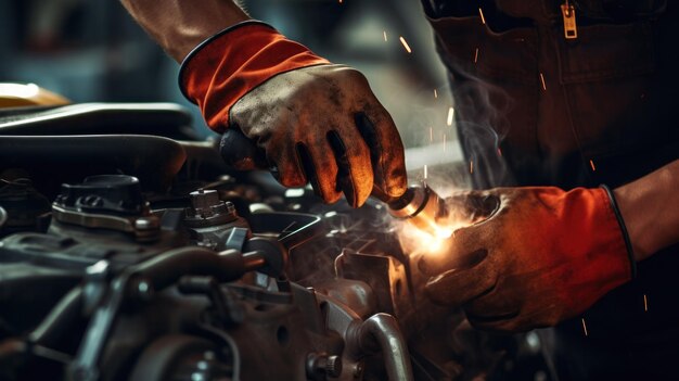 Un maestro de motores repara un motor de coche