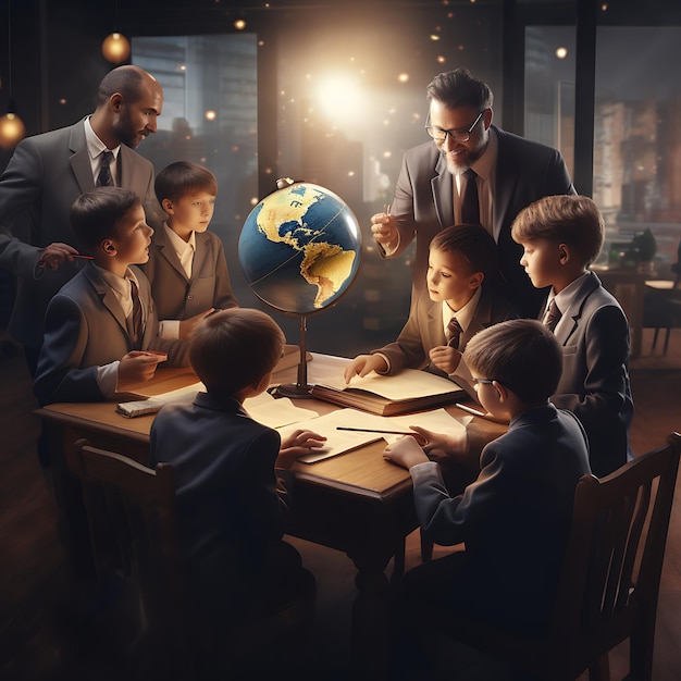 un maestro y niños alrededor de una mesa con un concepto del día mundial del maestro