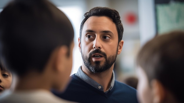 Foto un maestro o educador masculino interactuando con los estudiantes en un salón de clases ia generativa