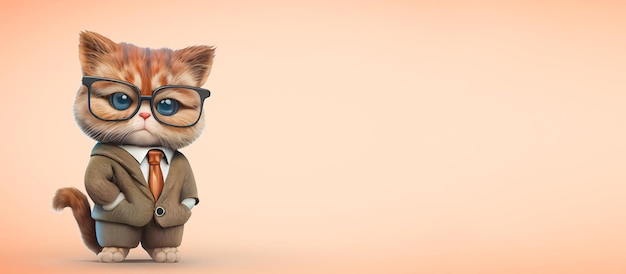 Un maestro o estudiante de gato inteligente con gafas y un traje se ve en el espacio de copia de ilustración 3d