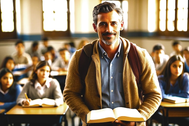 Foto un maestro está de pie frente a una clase con un libro titulado la palabra