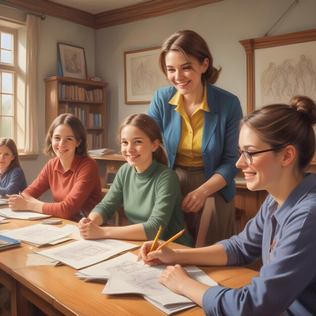 Foto un maestro está de pie frente a una clase con muchos estudiantes en el fondo