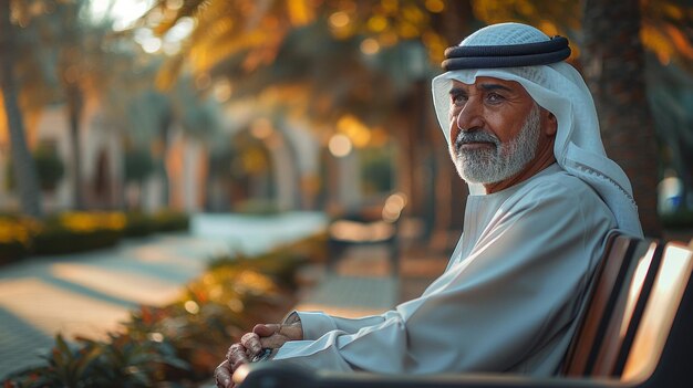 Foto un maestro de qatar sentado en un banco