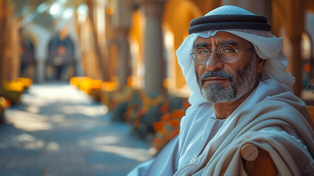 Foto un maestro de qatar sentado en un banco