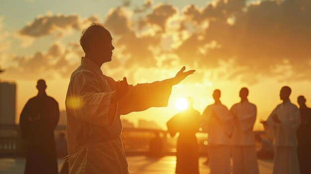 Foto maestro de qigong canalizando la energía interior el brillo espiritual en la práctica del amanecer tranquilo