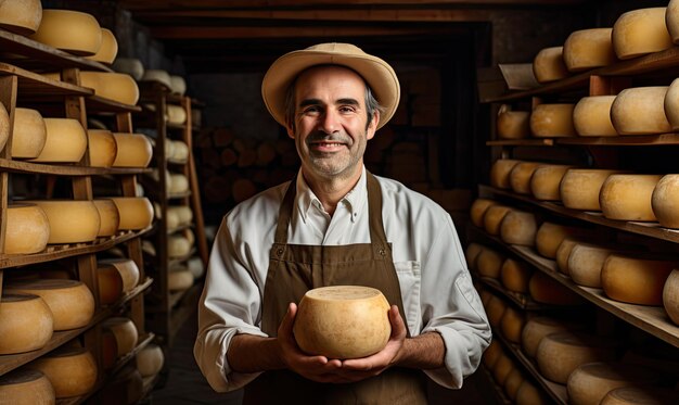 Un maestro quesero evalúa con confianza el queso en una cocina tradicional generativa de IA