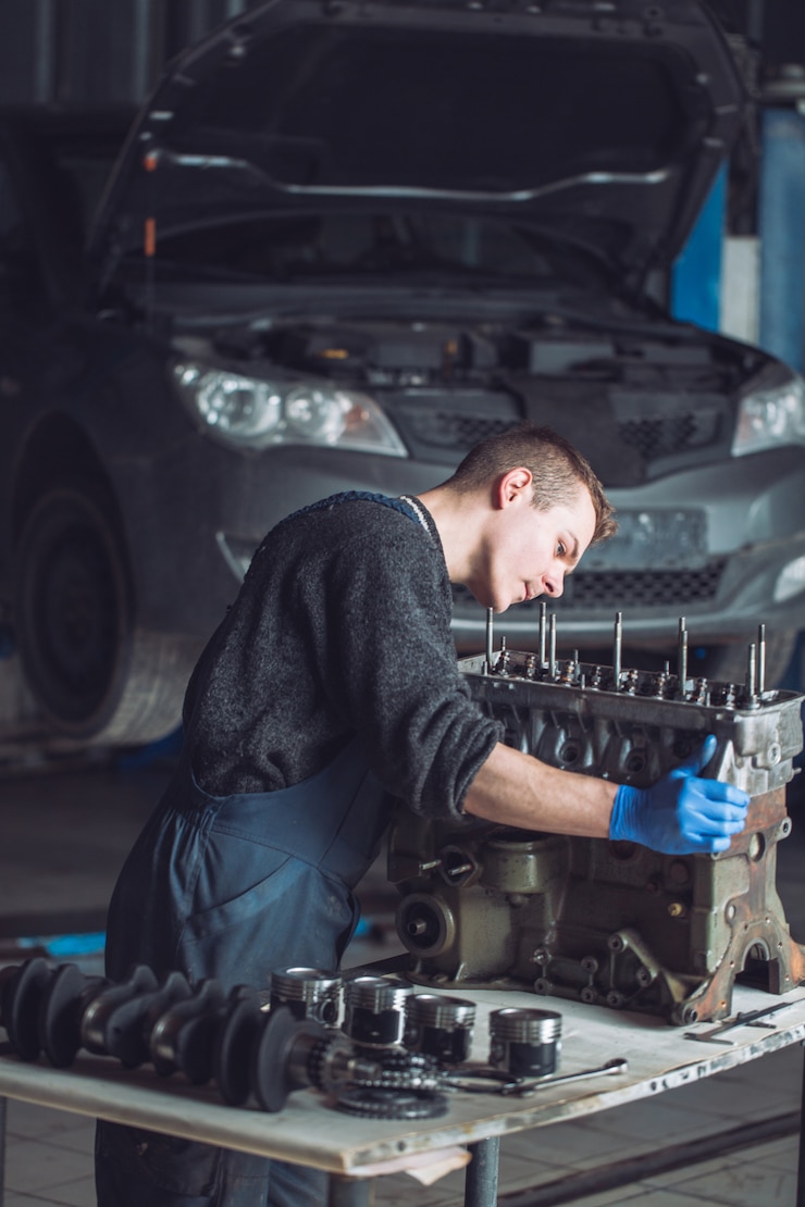 Foto el maestro recoge un motor reconstruido para el automóvil.