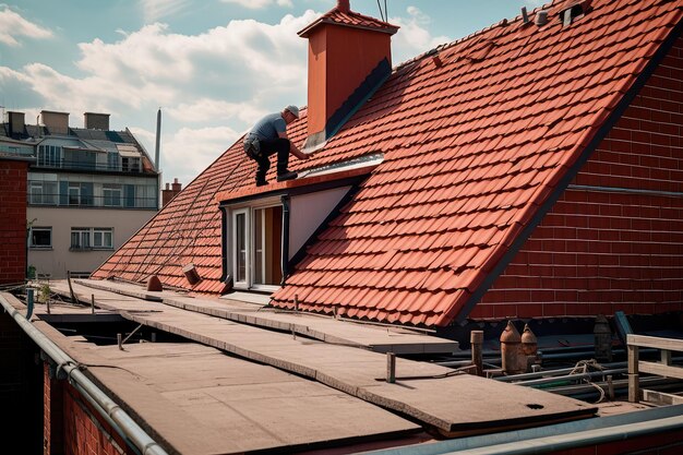 El maestro repara las baldosas del techo de la casa Trabajos de reparación y renovación de techos IA generativa