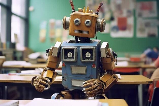 El maestro robot da una lección en la escuela.