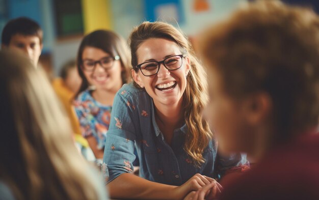 Un maestro sonriente en un aula de escuela