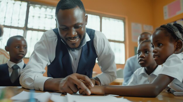 Un maestro sonriente ayudando a un joven estudiante en un aula africana
