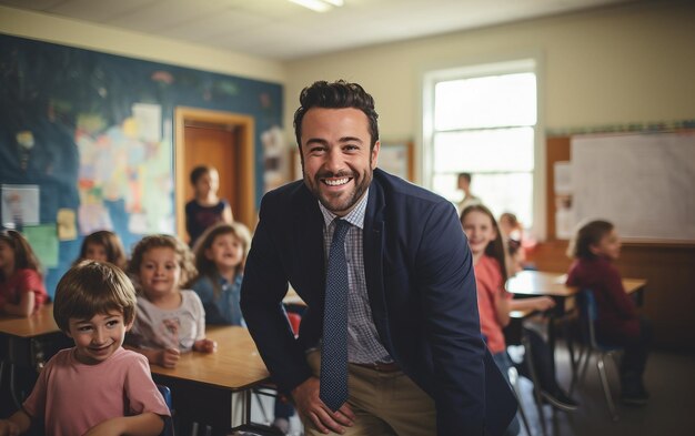 Un maestro sonriente con sus estudiantes