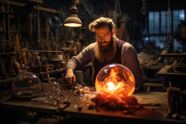 Un maestro soplador de vidrio en su taller para la fabricación de productos de vidrio