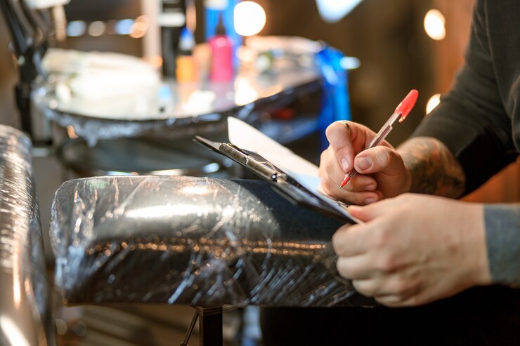 Foto maestro del tatuaje caucásico barbudo masculino profesional está trabajando en un acogedor estudio atmosférico