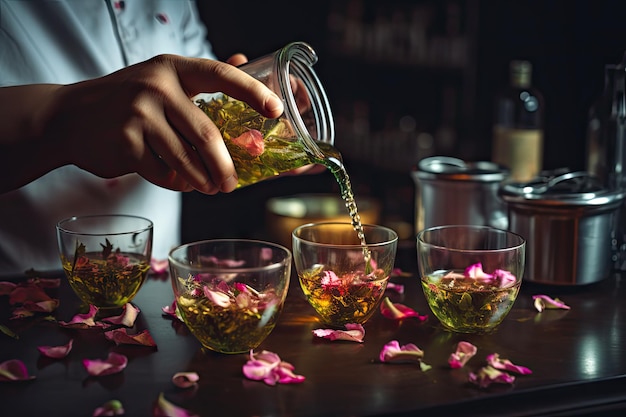 Maestro de té vertiendo té verde tienda de té brotes de flores en tazas de vidrio elaboración de bebidas calientes en el restaurante ceremonia de té ilustración de IA generativa