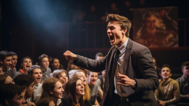 El maestro de teatro dirige la obra de teatro de la escuela el ambiente de los estudiantes ensayan enérgicamente