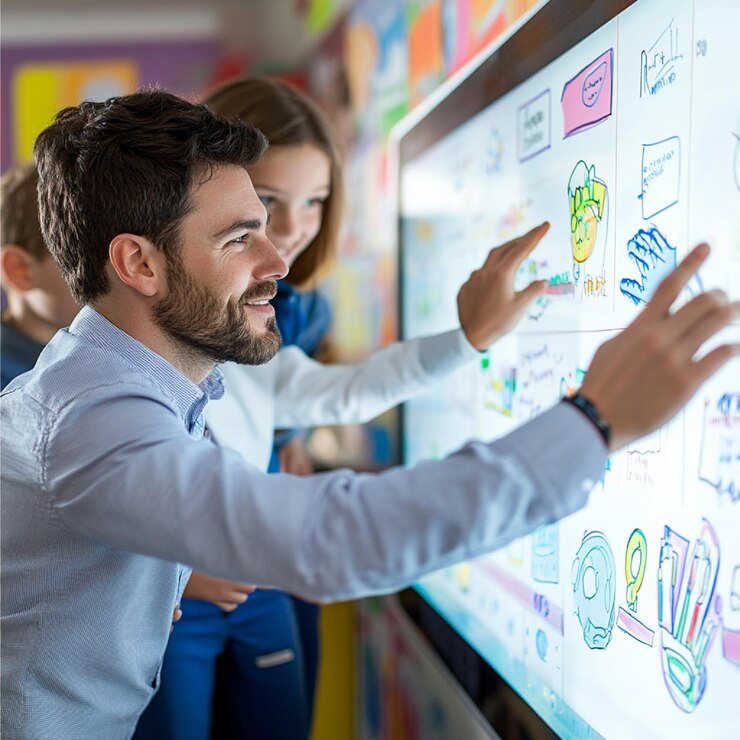 Foto un maestro usando una pizarra interactiva para clases y actividades interesantes