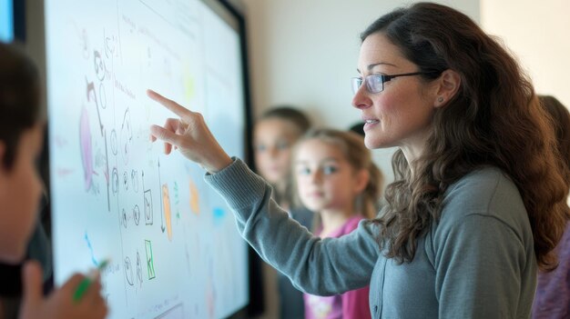 Un maestro usando una pizarra interactiva para explicar un concepto complejo a una clase de estudiantes atentos que destacan la integración de la tecnología en la enseñanza y el aprendizaje modernos